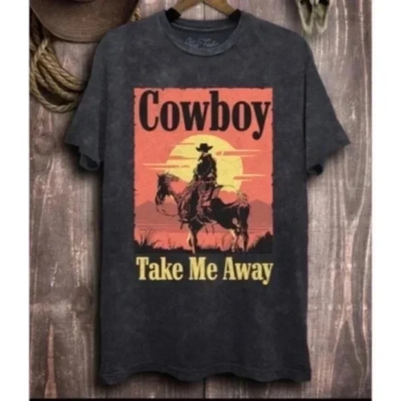Black Vintage Mineral Wash Cowboy Take Me Away Western Graphic Oversized Tee - Picture 1 of 1